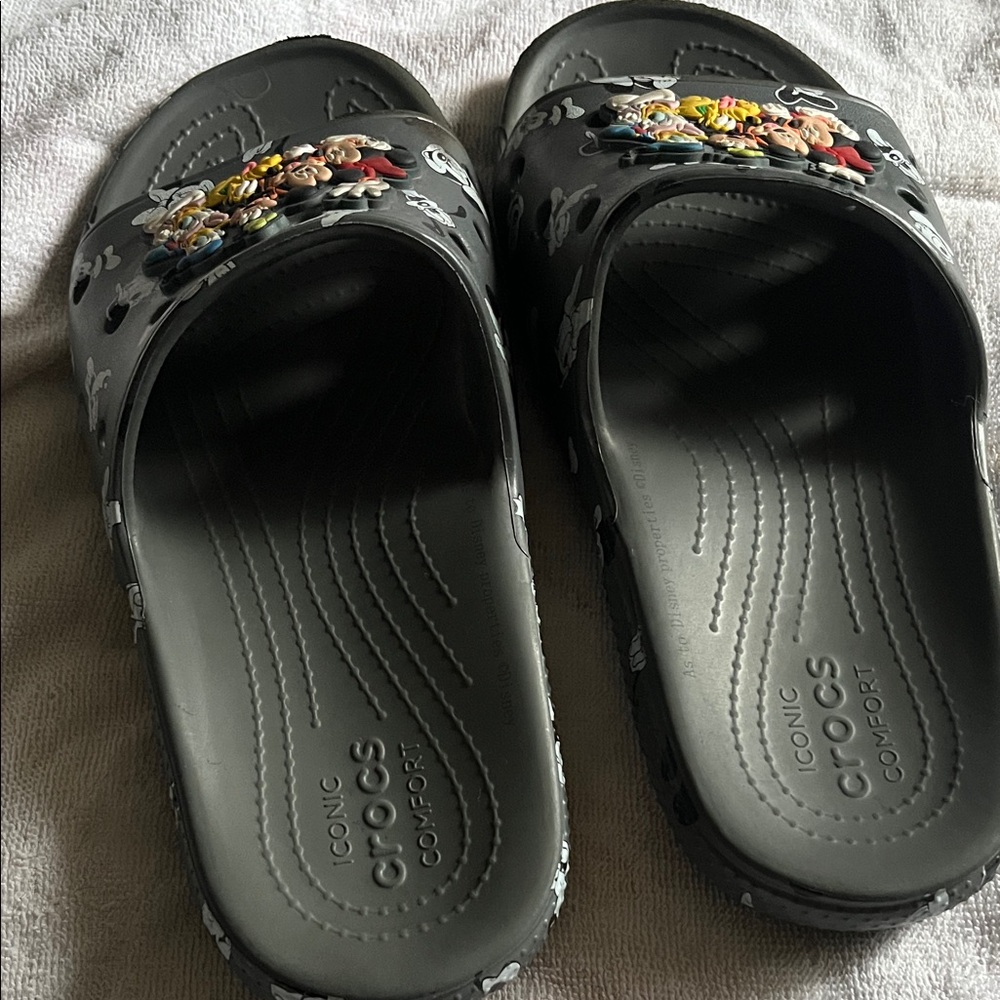 CROCS Black Slide Sandals with Colorful Cartoon Jibbitz